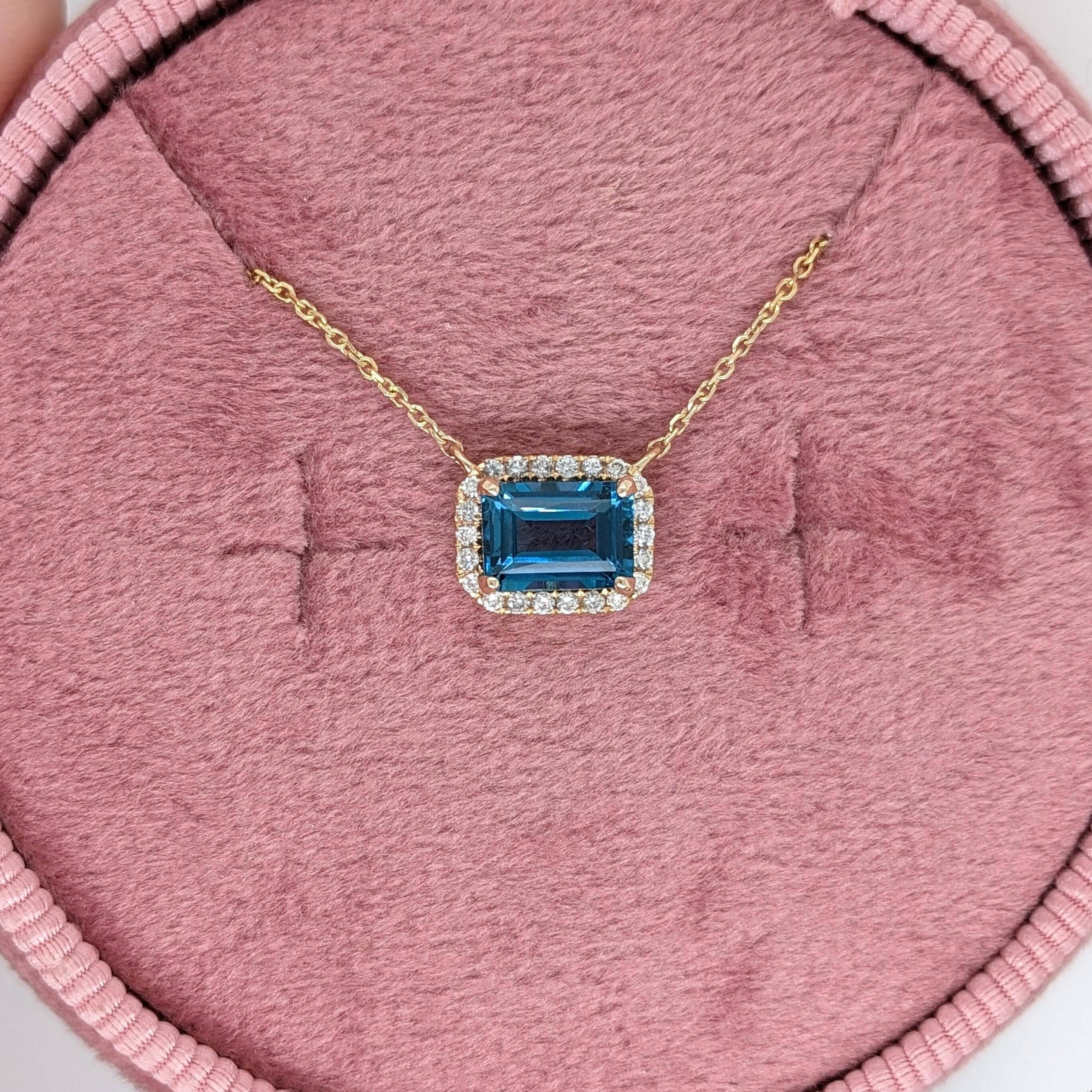 1.3ct London Topaz Necklace w Earth Mined Diamonds in Solid 14K Gold EM 7x5mm