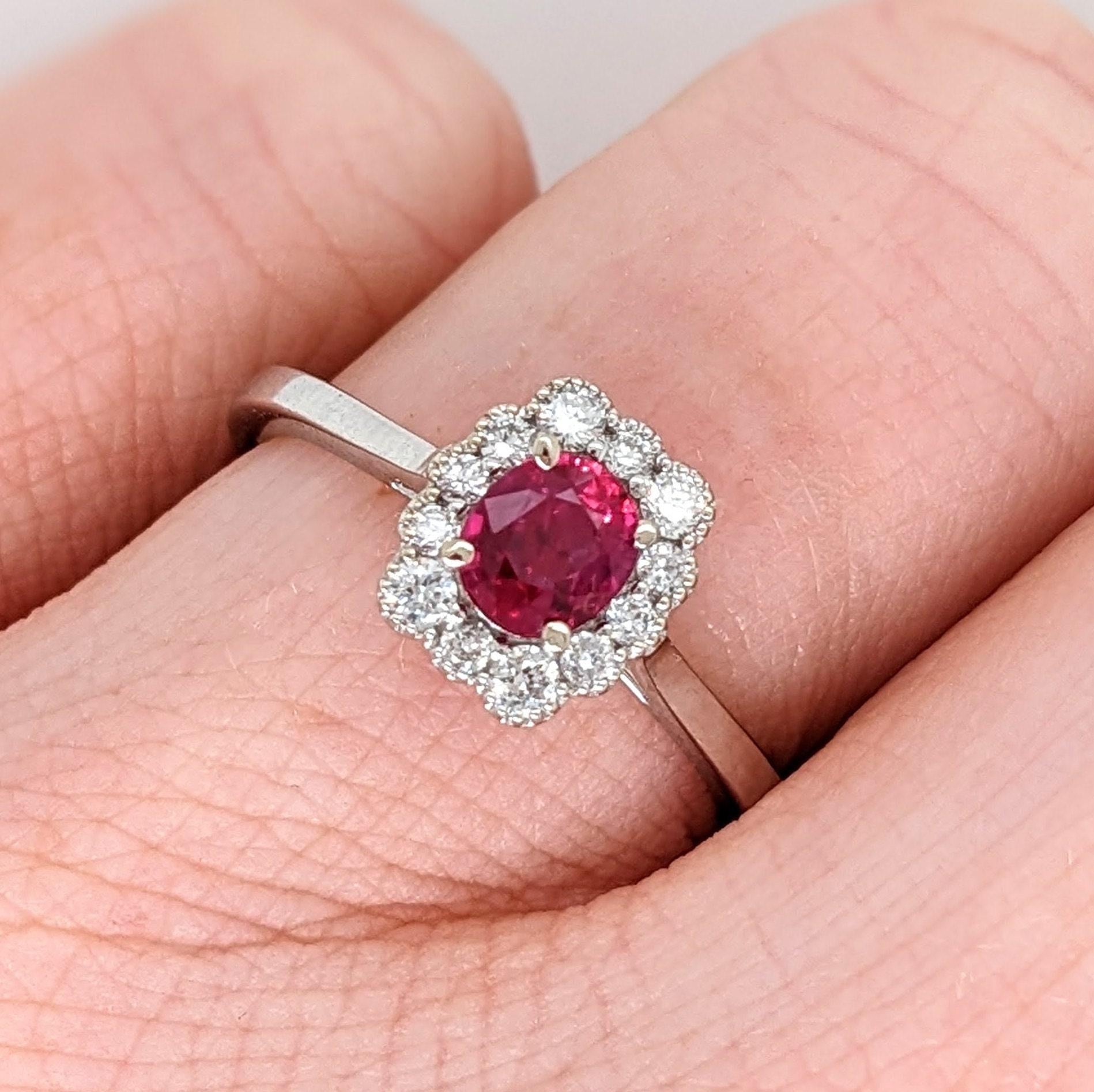 Mozambique Ruby Ring w Earth Mined Diamonds in Solid 14k White Gold Oval 5x4mm