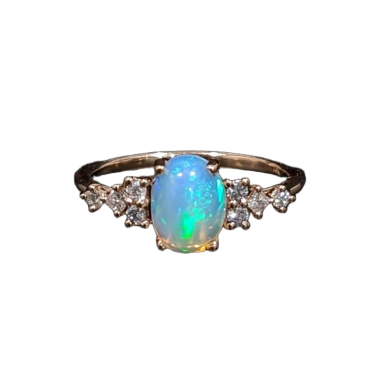 Ethiopian Opal Ring w Earth Mined Diamonds in Solid 14K Yellow Gold Oval 8x6mm
