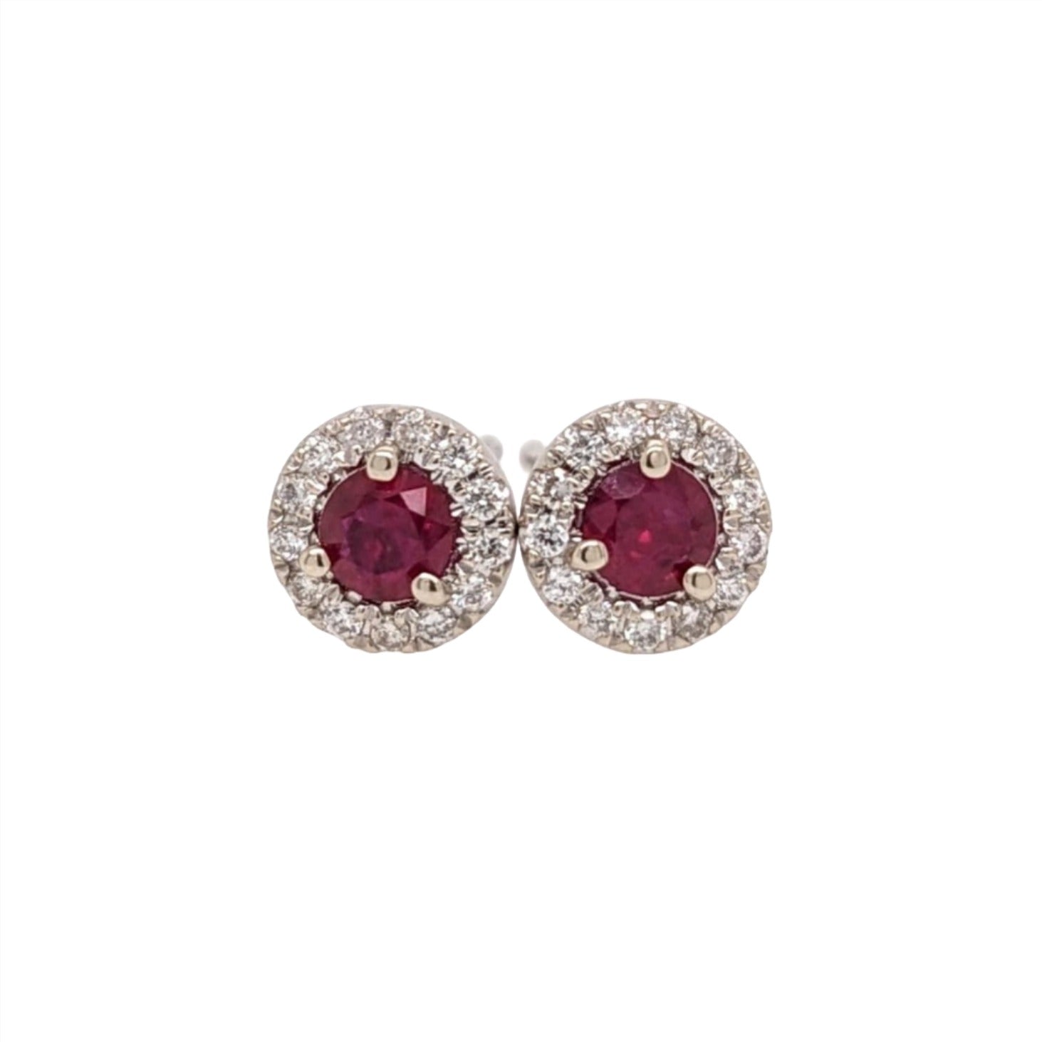 Pretty Red Ruby Stud Earrings w Earth Mined Diamonds in Solid 14K White Gold
