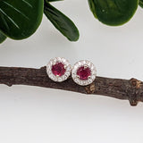 Pretty Round Ruby Studs with Diamond Halo