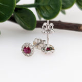 Pretty Round Ruby Studs with Diamond Halo