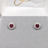 Pretty Round Ruby Studs with Diamond Halo