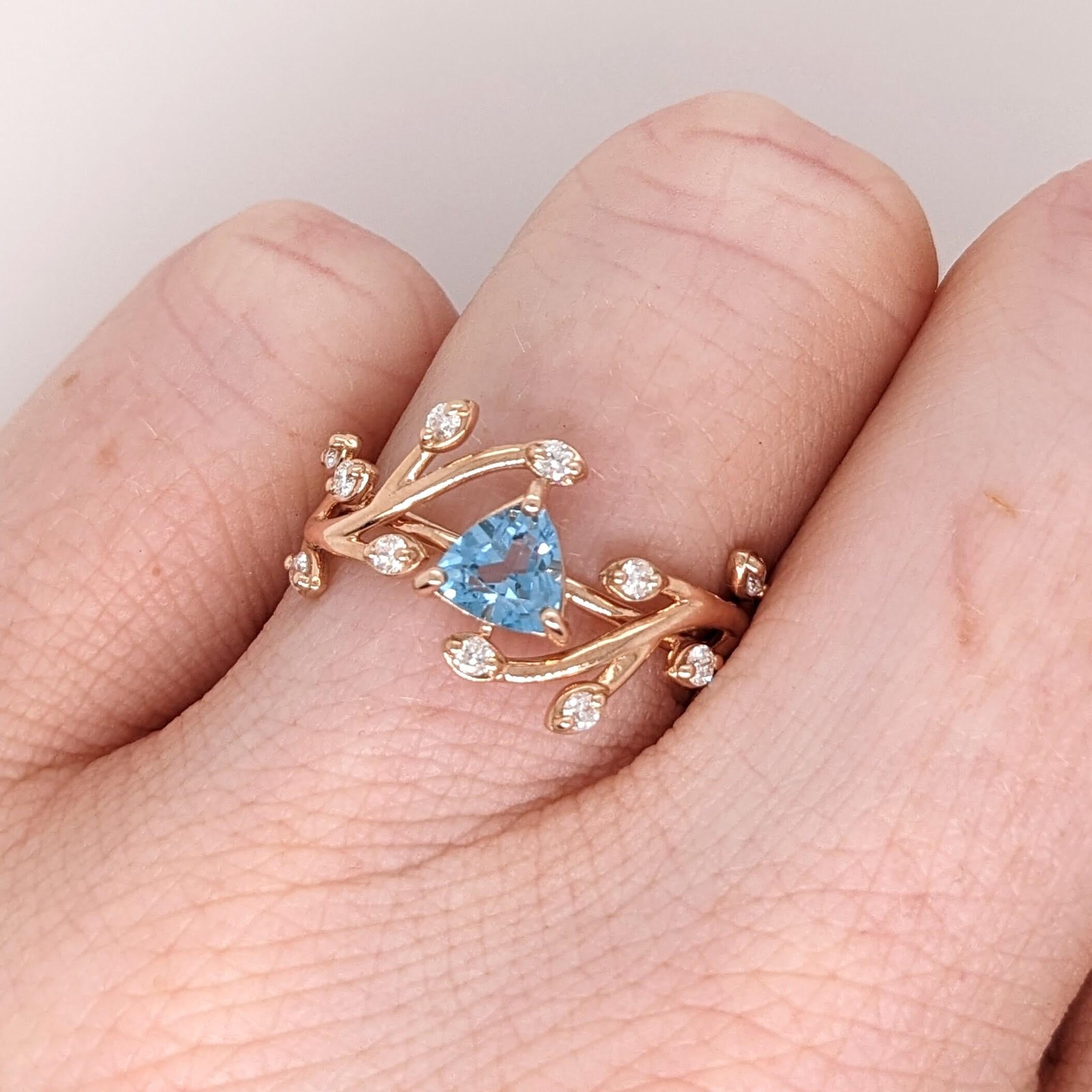 Swiss Blue Topaz Vine Ring w Earth Mined Diamonds in Solid 14k Gold Trillion 5mm