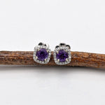 Purple Amethyst Halo Earring Studs Cushion 4mm in 14k White, Rose, and Yellow Go