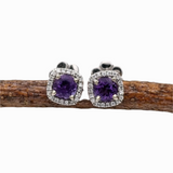 Purple Amethyst Halo Earring Studs Cushion 4mm in 14k White, Rose, and Yellow Gold