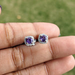 Purple Amethyst Halo Earring Studs Cushion 4mm in 14k White, Rose, and Yellow Go