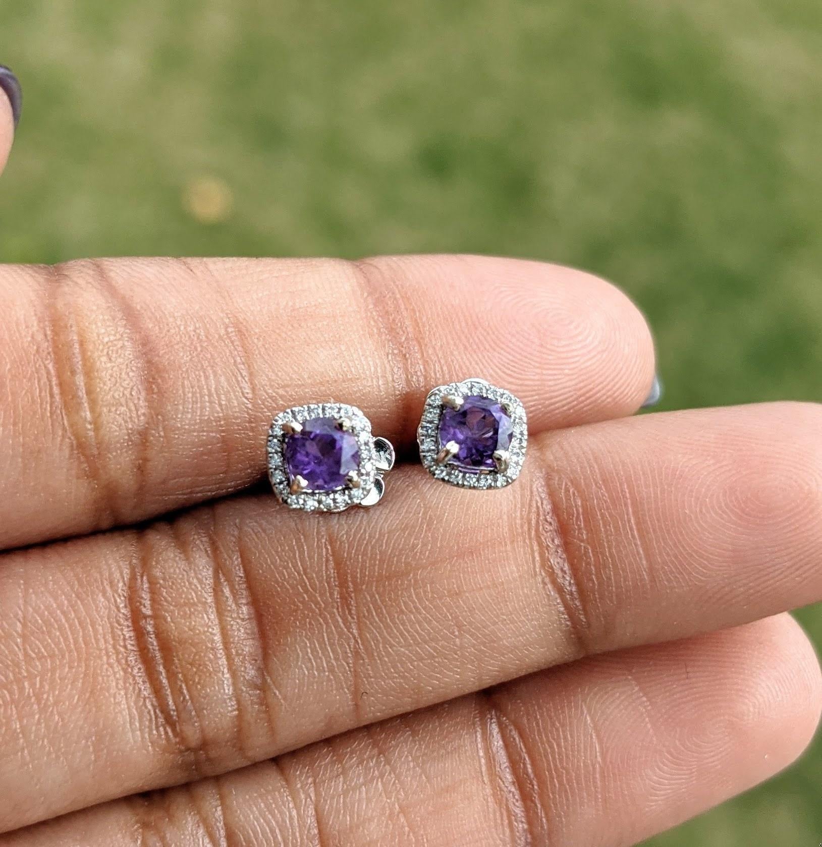 Purple Amethyst Halo Earring Studs Cushion 4mm in 14k White, Rose, and Yellow Go