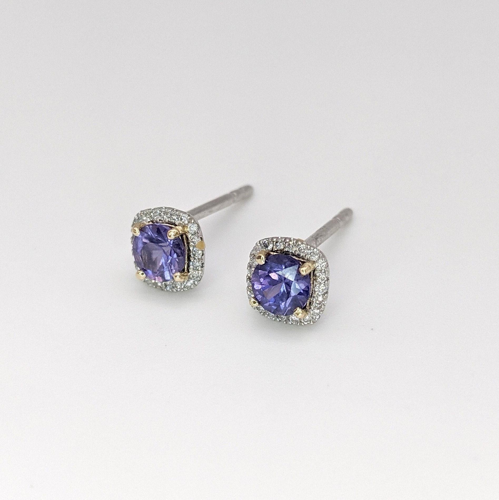 Purple Amethyst Halo Earring Studs Cushion 4mm in 14k White, Rose, and Yellow Go