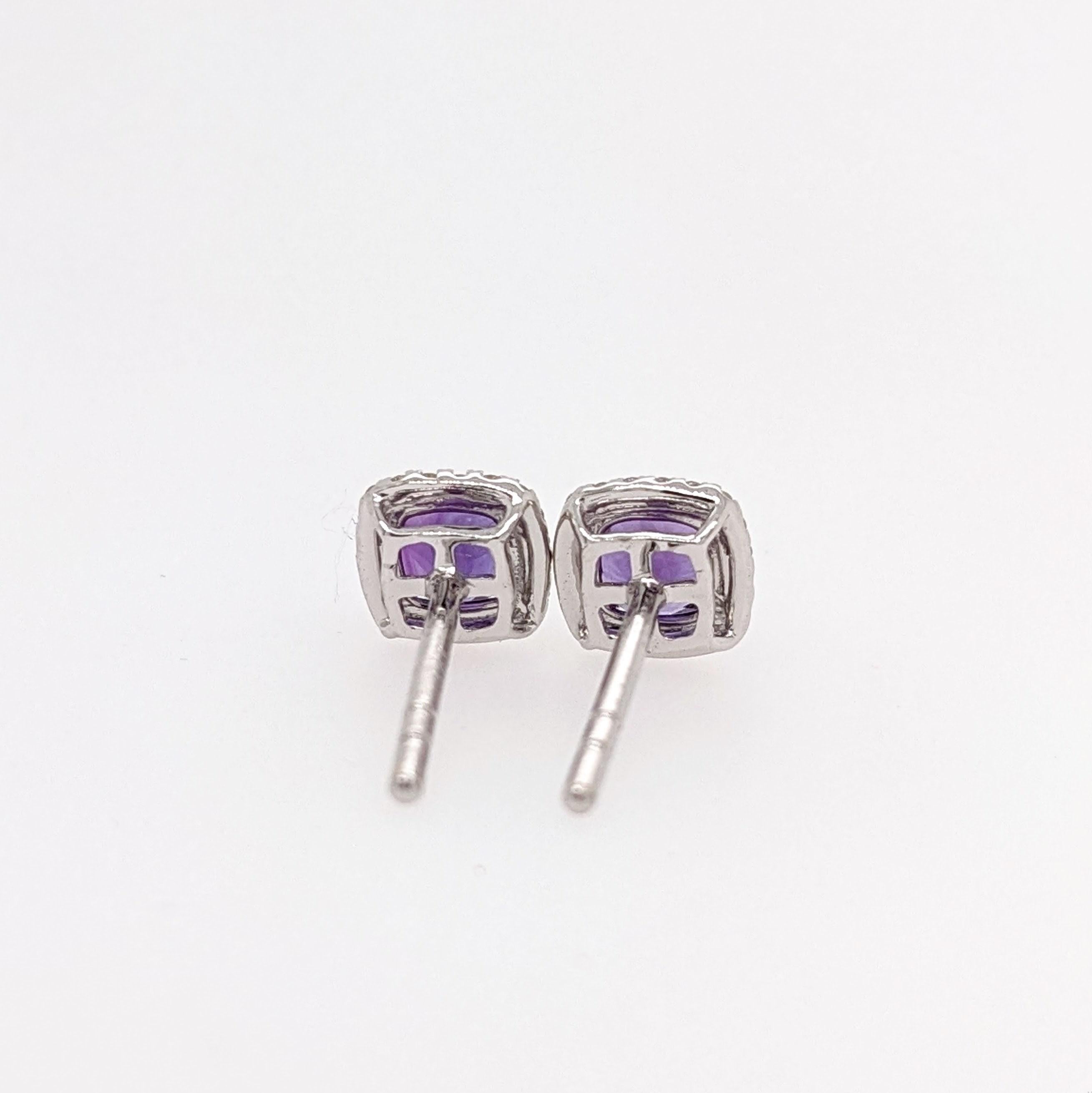 Purple Amethyst Halo Earring Studs Cushion 4mm in 14k White, Rose, and Yellow Go