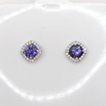 Purple Amethyst Halo Earring Studs Cushion 4mm in 14k White, Rose, and Yellow Go