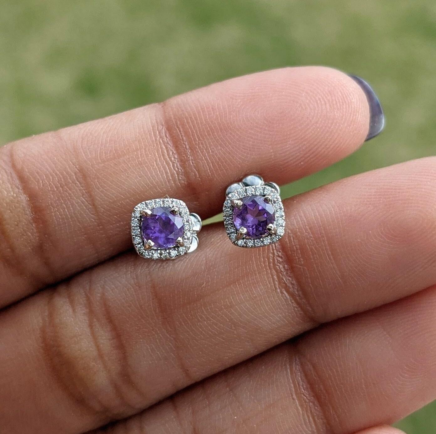 Purple Amethyst Halo Earring Studs Cushion 4mm in 14k White, Rose, and Yellow Go