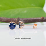 Blue Sapphire Stud Earrings in Solid 14K Gold | 3-Prong Round Solitaire Dainty Gemstone Earrings | Natural Sapphire Jewelry, 3mm 4mm 5mm 6mm