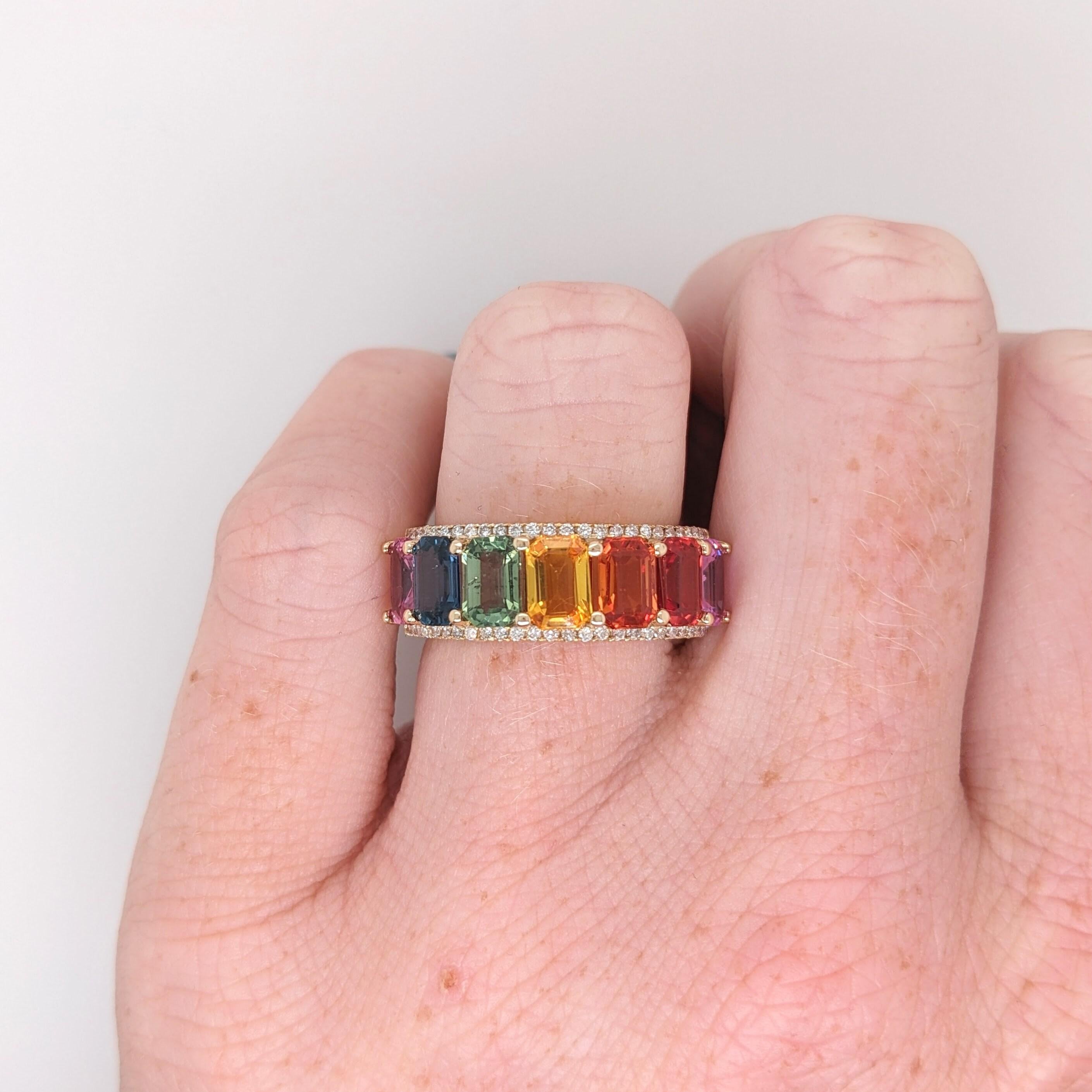 Rainbow Sapphire Ring w Earth Mined Diamond in Solid 14k Yellow Gold Emerald Cut