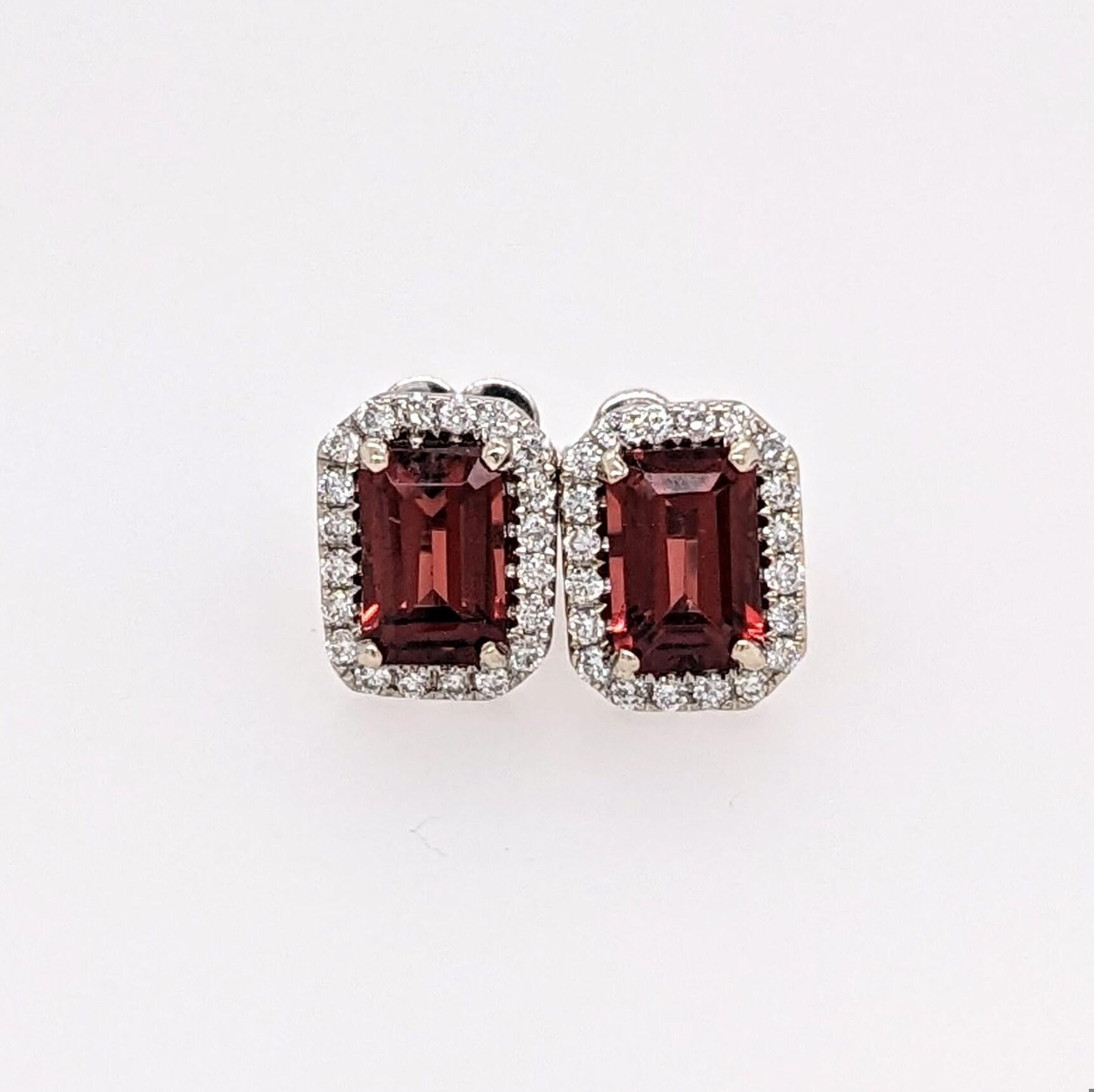 Red Garnet Stud Earrings w Earth Mined Diamonds in Solid 14k White Gold EM 6x4mm