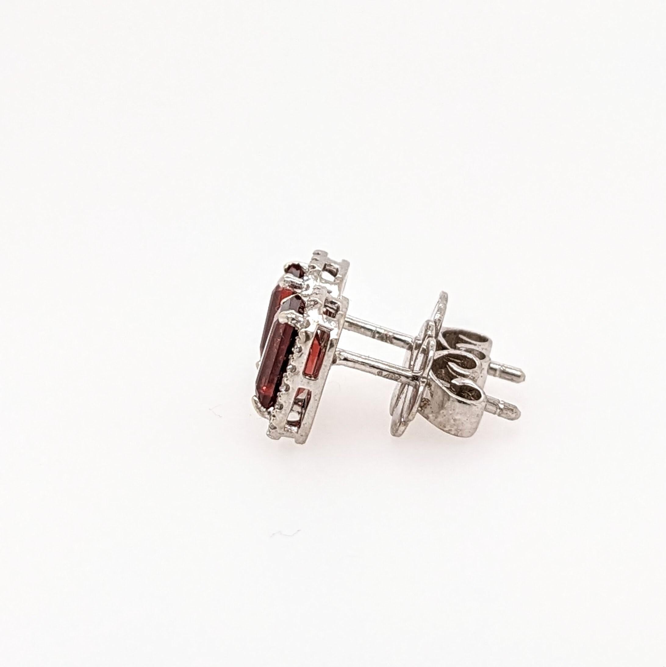 Red Garnet Stud Earrings w Earth Mined Diamonds in Solid 14k White Gold EM 6x4mm