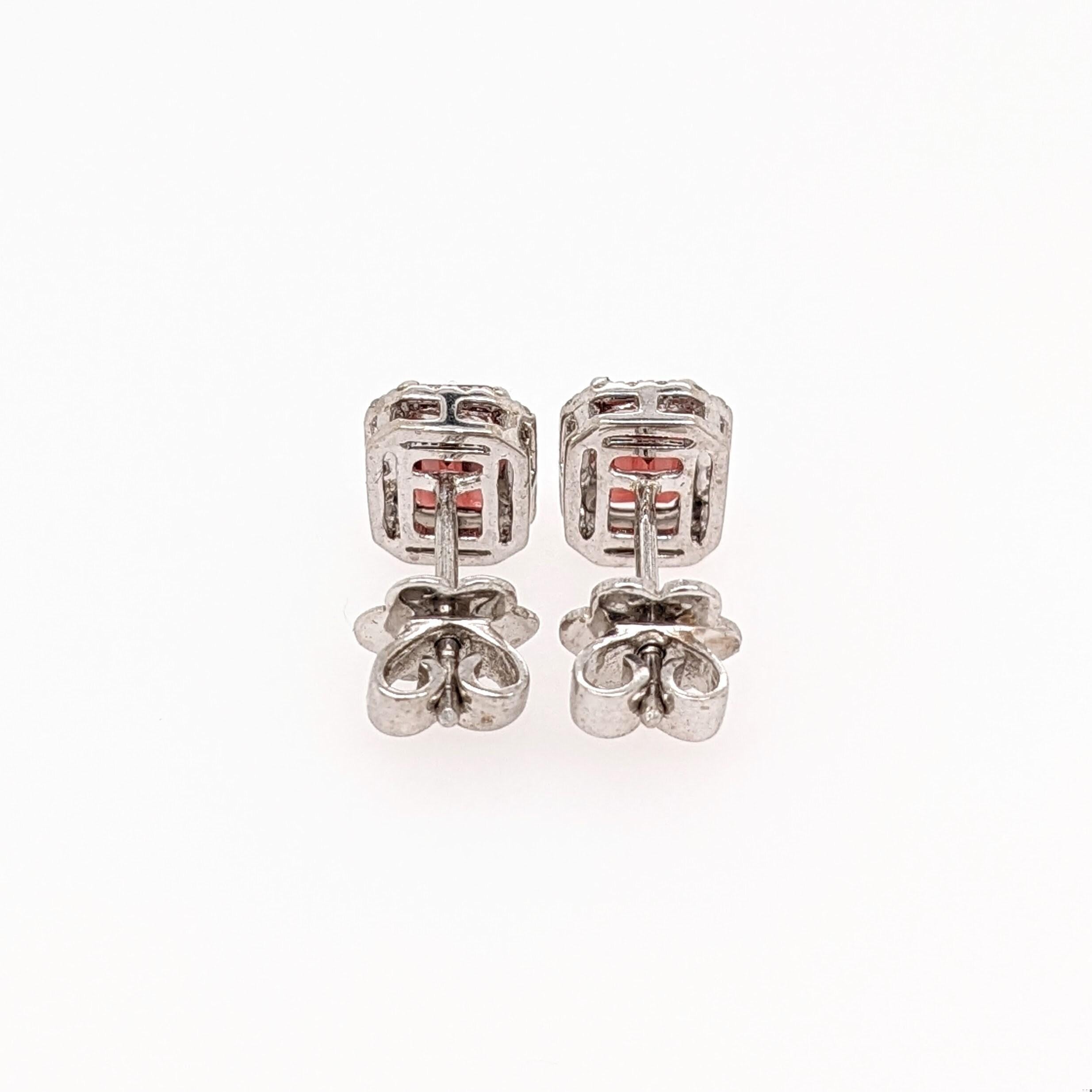 Red Garnet Stud Earrings w Earth Mined Diamonds in Solid 14k White Gold EM 6x4mm