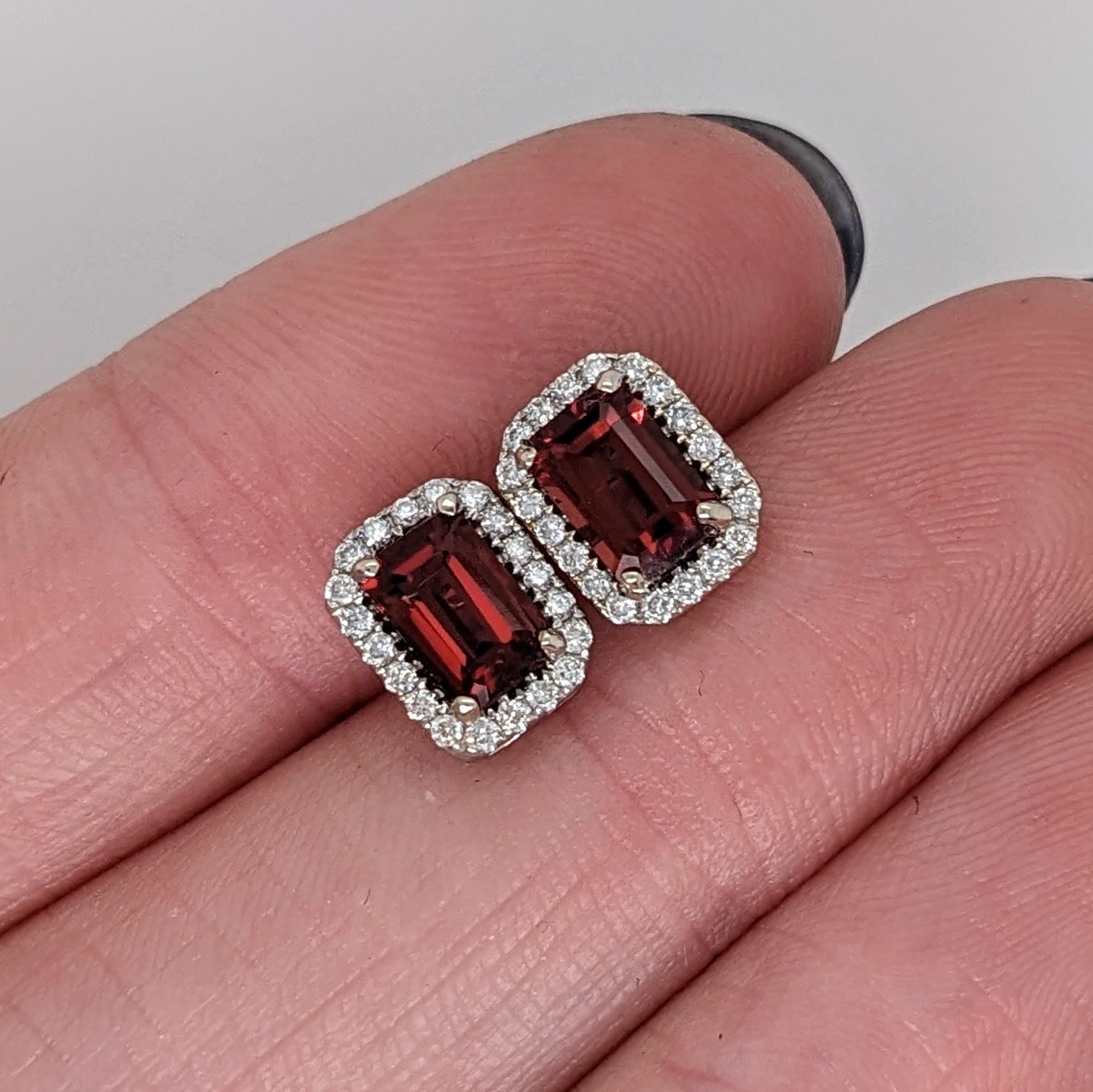 Red Garnet Stud Earrings w Earth Mined Diamonds in Solid 14k White Gold EM 6x4mm