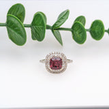 1.8ct Rhodolite Ring w Earth Mined Diamonds in Solid 14k White Gold | Cushion 6mm