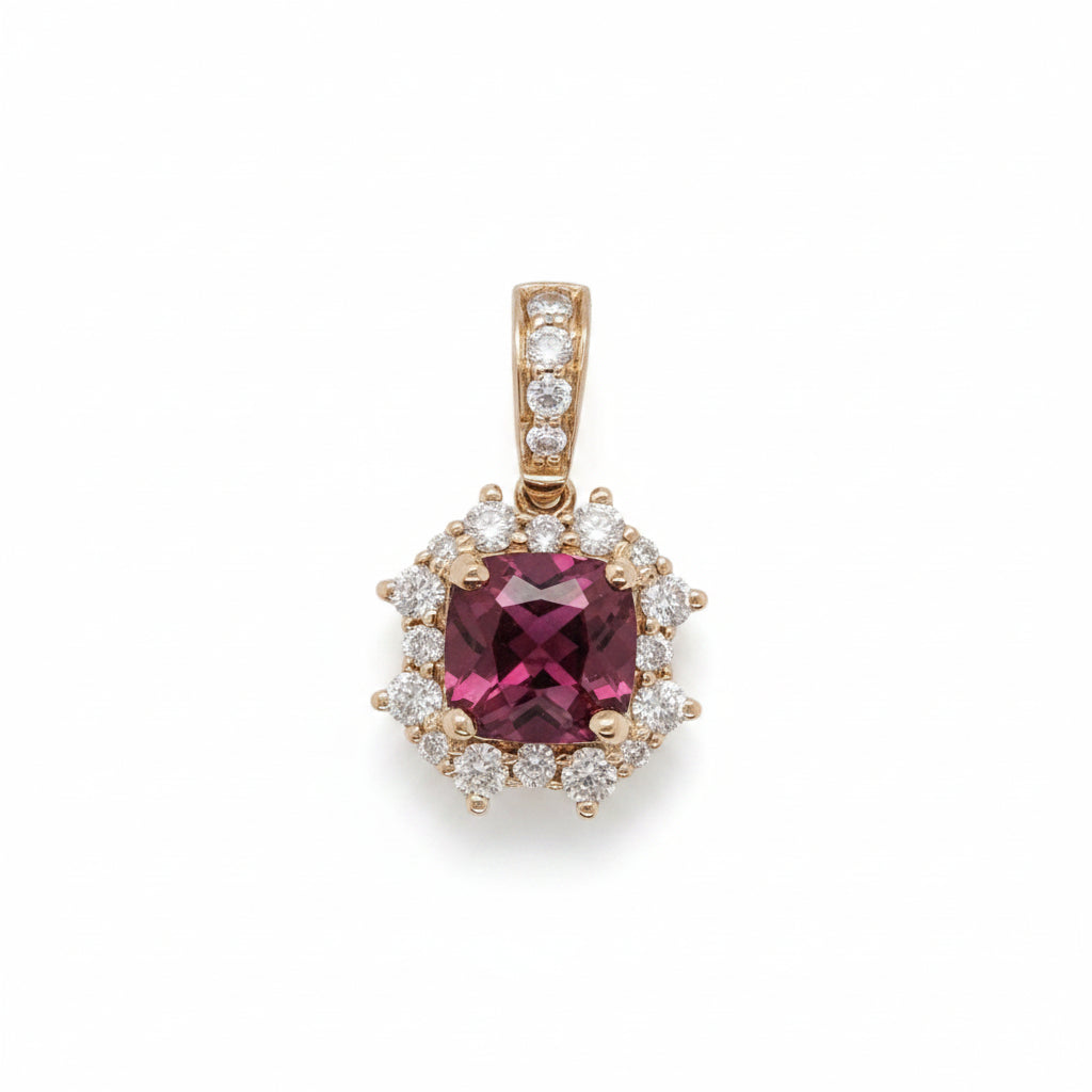 Rhodolite Pendant w Earth Mined Diamonds in Solid 14K Yellow Gold Cushion 6mm