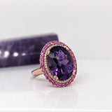 7ct Royal Purple Amethyst Ring w Pink Sapphires & Earth Mined Diamonds in Solid 14K Rose Gold 11x8mm