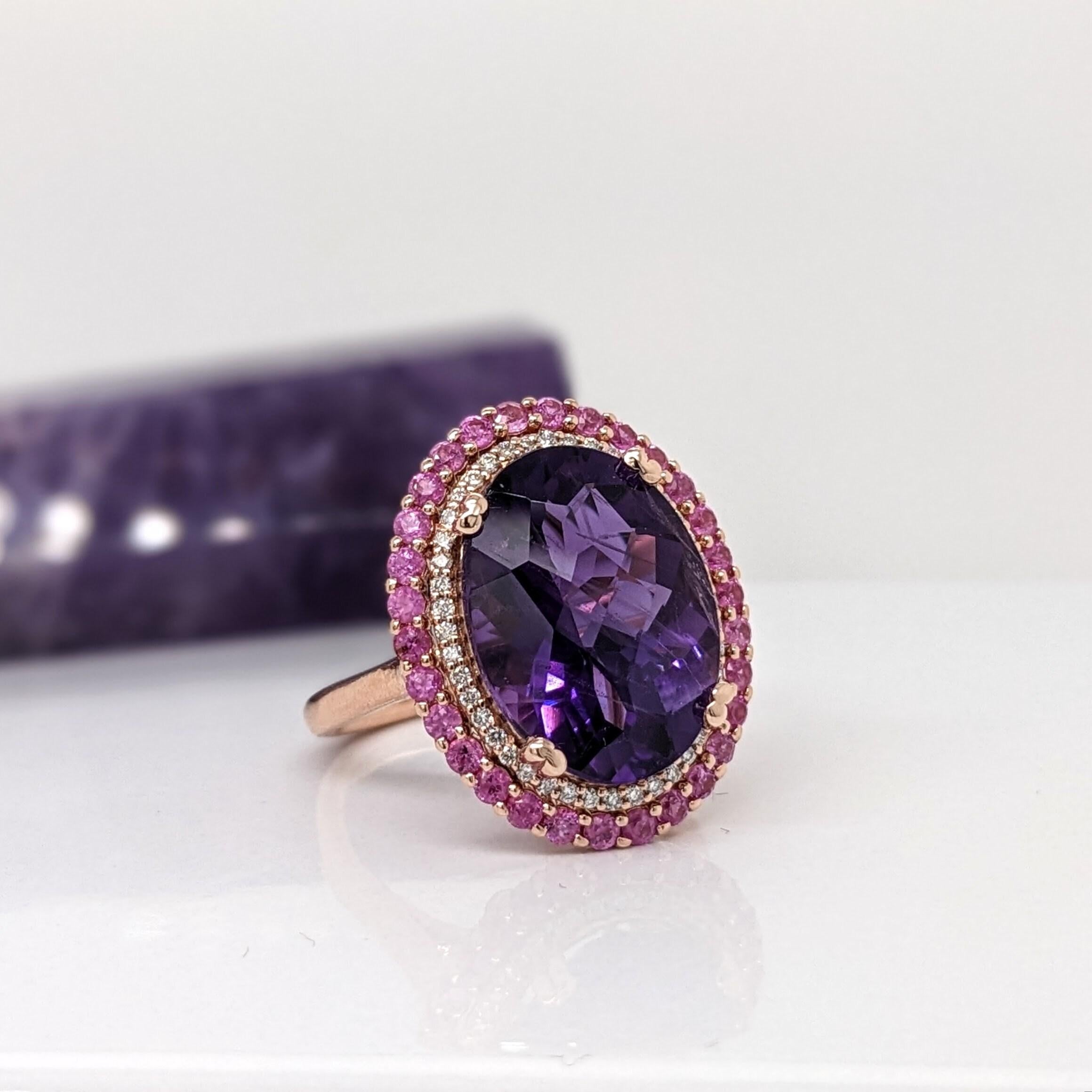 7ct Amethyst Ring w Pink Sapphires & Natural Diamonds in Solid 14K Gold 11x8mm