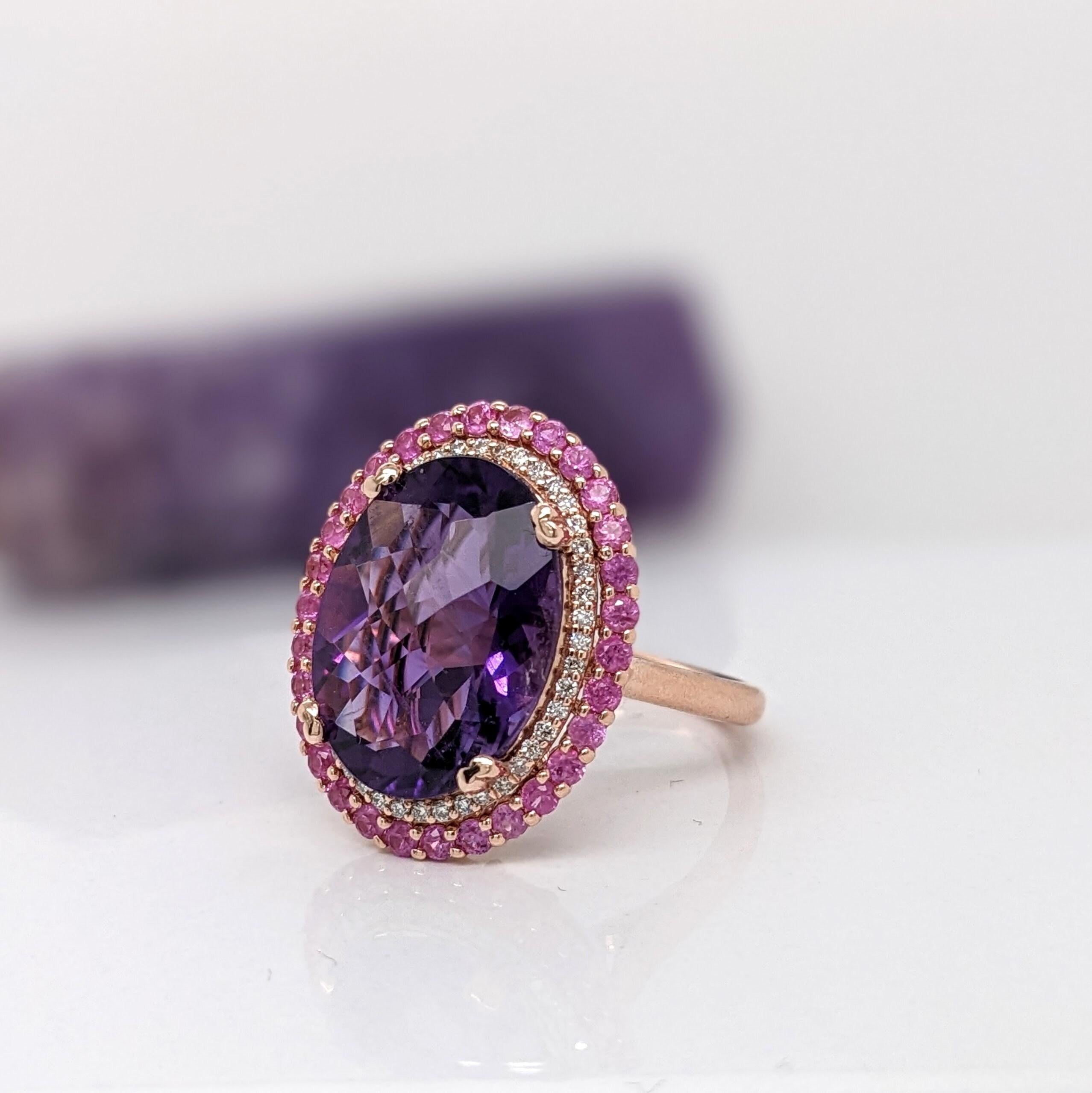 7ct Amethyst Ring w Pink Sapphires & Natural Diamonds in Solid 14K Gold 11x8mm