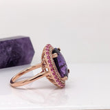 7ct Royal Purple Amethyst Ring w Pink Sapphires & Earth Mined Diamonds in Solid 14K Rose Gold 11x8mm