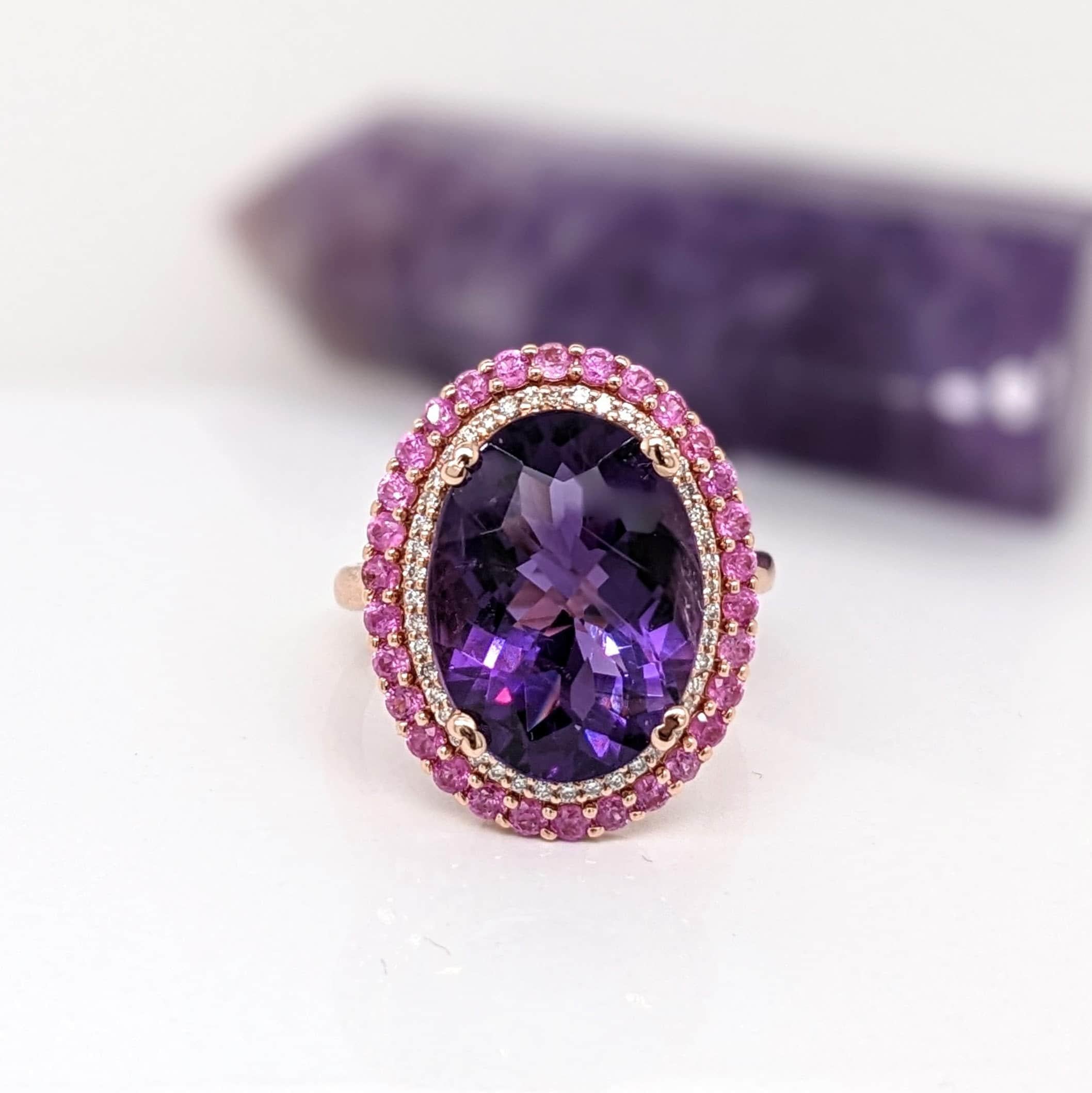 7ct Amethyst Ring w Pink Sapphires & Natural Diamonds in Solid 14K Gold 11x8mm