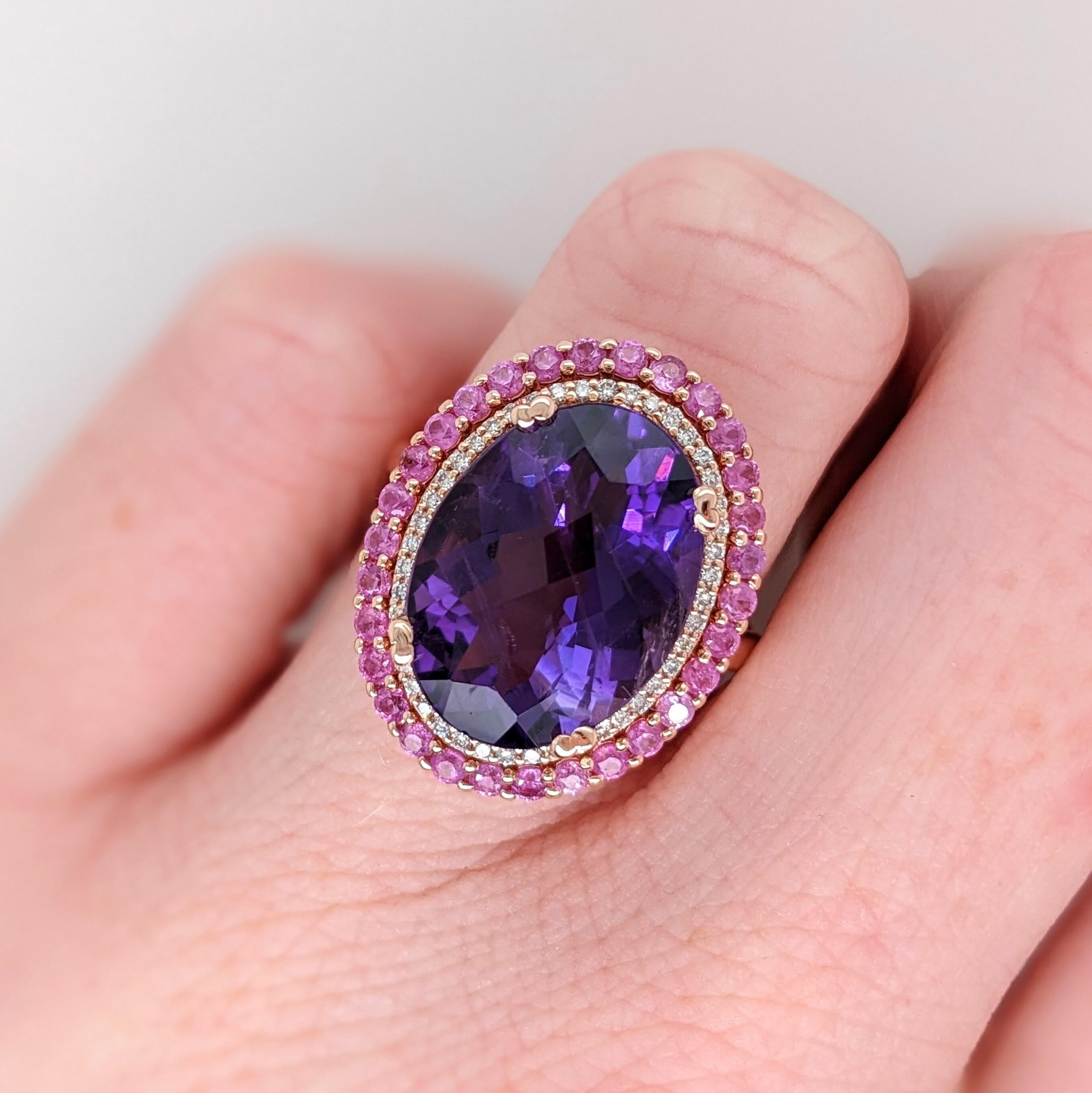 7ct Amethyst Ring w Pink Sapphires & Natural Diamonds in Solid 14K Gold 11x8mm