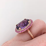 7ct Royal Purple Amethyst Ring w Pink Sapphires & Earth Mined Diamonds in Solid 14K Rose Gold 11x8mm