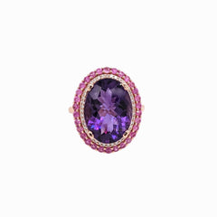 7ct Amethyst Ring w Pink Sapphires & Natural Diamonds in Solid 14K Gold 11x8mm