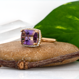6.38ct Ametrine Ring w Earth Mined Diamonds in Solid 14K Gold | Cushion 14x10mm