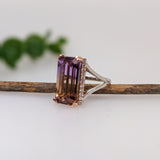 9ct Ametrine Ring w Earth Mined Diamonds in Solid 14K Dual Tone Gold | Emerald Cut 17x8mm