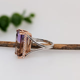 9ct Ametrine Ring w Earth Mined Diamonds in Solid 14K Dual Tone Gold | Emerald Cut 17x8mm