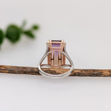 9ct Ametrine Ring w Earth Mined Diamonds in Solid 14K Dual Tone Gold | Emerald Cut 17x8mm