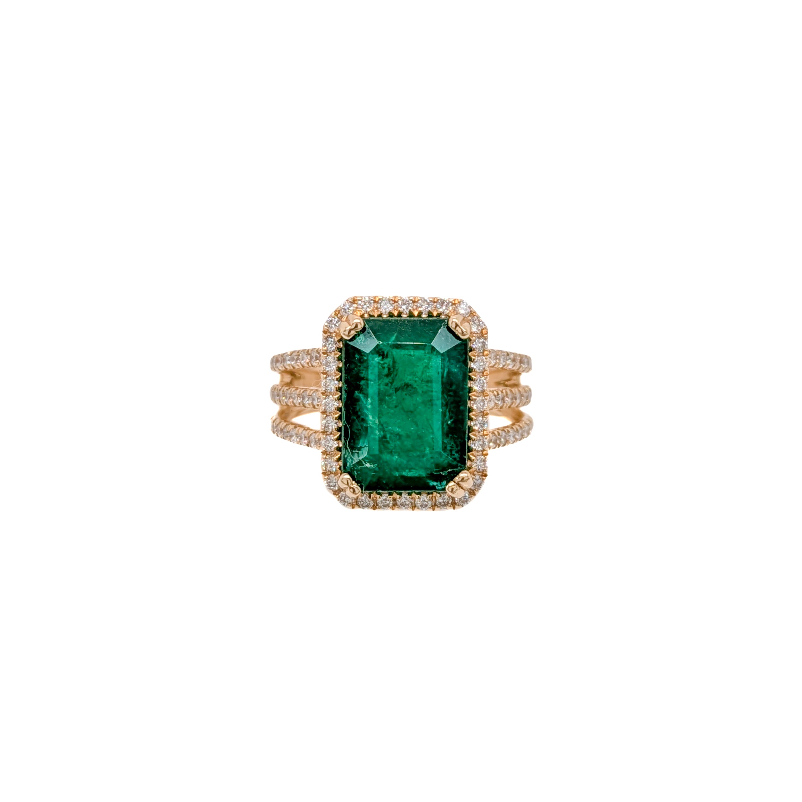 helena 4.8ct emerald diamond halo ring with triple split shank