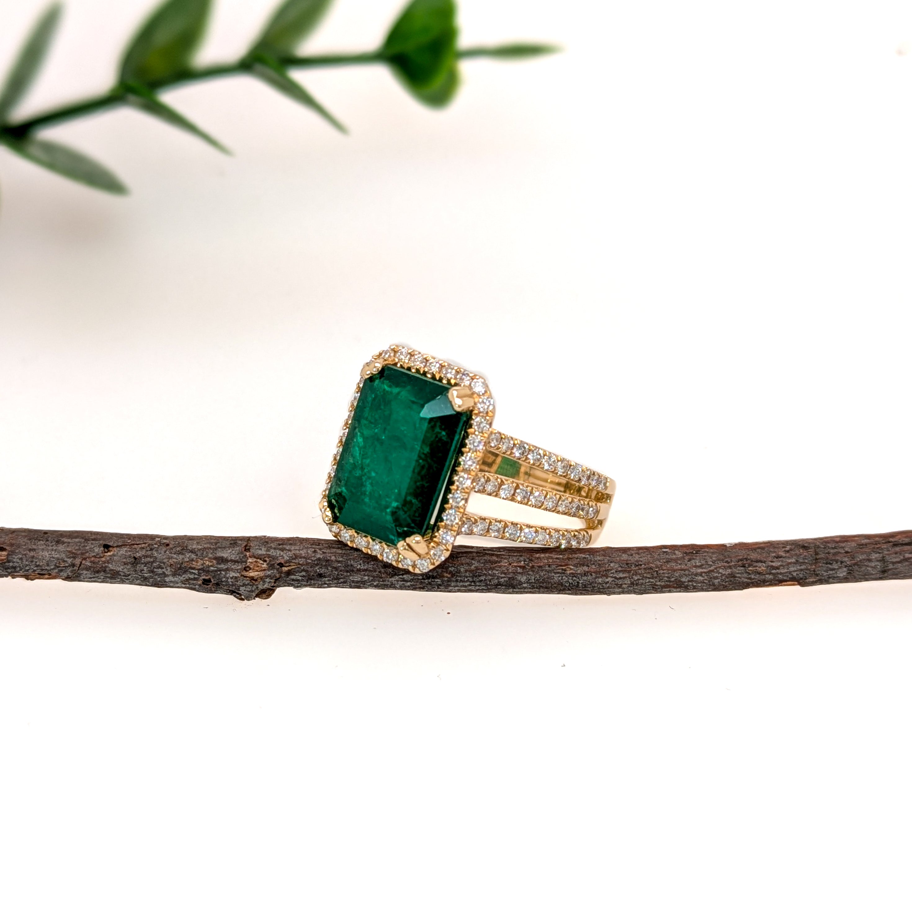 helena 4.8ct emerald diamond halo ring with triple split shank