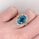 9.4ct Blue Zircon Ring w Earth Mined Diamonds in Solid 14K Rose Gold Oval 12x10mm