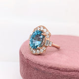 9.4ct Blue Zircon Ring w Earth Mined Diamonds in Solid 14K Rose Gold Oval 12x10mm