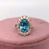 9.4ct Blue Zircon Ring w Earth Mined Diamonds in Solid 14K Rose Gold Oval 12x10mm