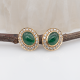 Emerald Stud Earrings w Earth Mined Diamonds in Solid 14K Yellow Gold | Oval 8x6mm