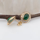 Emerald Stud Earrings w Earth Mined Diamonds in Solid 14K Yellow Gold | Oval 8x6mm