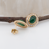Emerald Stud Earrings w Earth Mined Diamonds in Solid 14K Yellow Gold | Oval 8x6mm