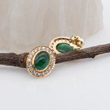Emerald Stud Earrings w Earth Mined Diamonds in Solid 14K Yellow Gold | Oval 8x6mm