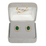 Emerald Stud Earrings w Earth Mined Diamonds in Solid 14K Yellow Gold | Oval 8x6mm