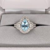 1.6ct Santa Maria Aquamarine Ring w Natural Diamonds in Solid 14K White Gold | Pear Shape 10x7mm | March Birthstone