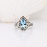 1.6ct Santa Maria Aquamarine Ring w Natural Diamonds in Solid 14K White Gold | Pear Shape 10x7mm | March Birthstone