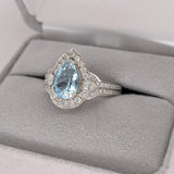 1.6ct Santa Maria Aquamarine Ring w Natural Diamonds in Solid 14K White Gold | Pear Shape 10x7mm | March Birthstone