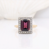 2.8ct Attractive Raspberry Garnet Ring w Earth Mined Diamonds in Solid 14K Yellow Gold | Emerald cut 9x7mm